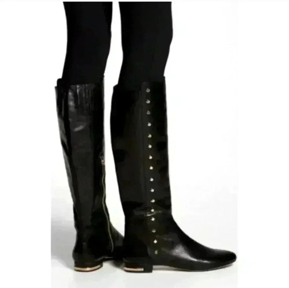 Michael Kors 5.5 STUDDED Leather Boots AILEE $250 Knee High Flat Black Gold - Picture 1 of 9